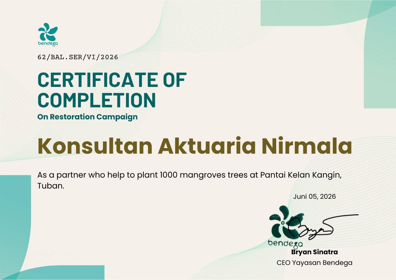 Sertifikat Yayasan Bendega Tanam 1000 Mangrove oleh Konsultan Aktuaria Nirmala